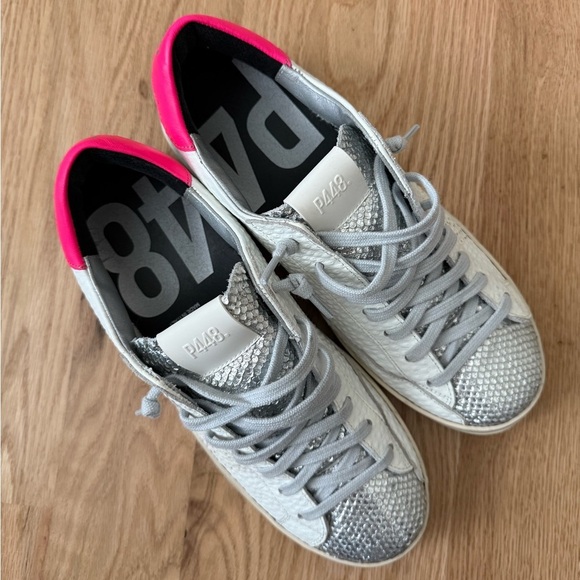 P448 John Lace-Up Low-Top Leather White Pink Silver Sneakers Size 42 / 11.5-12 - Picture 11 of 15